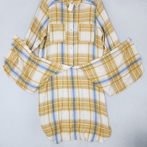 Pilcro Shirt Womens Medium Yellow Plaid Side Slit Maxi Tunic Button Down NEW - Picture 3 of 13